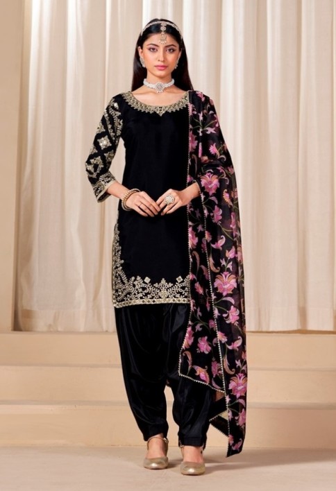 Mirror Work Black Embroidered Punjabi Suit